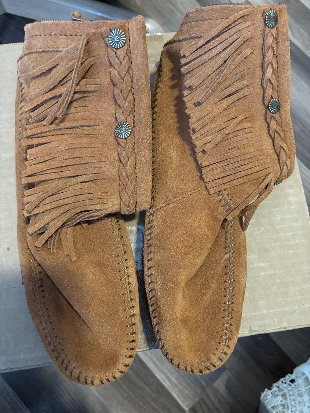 Suede Fringe Moccasin Boots - Brown